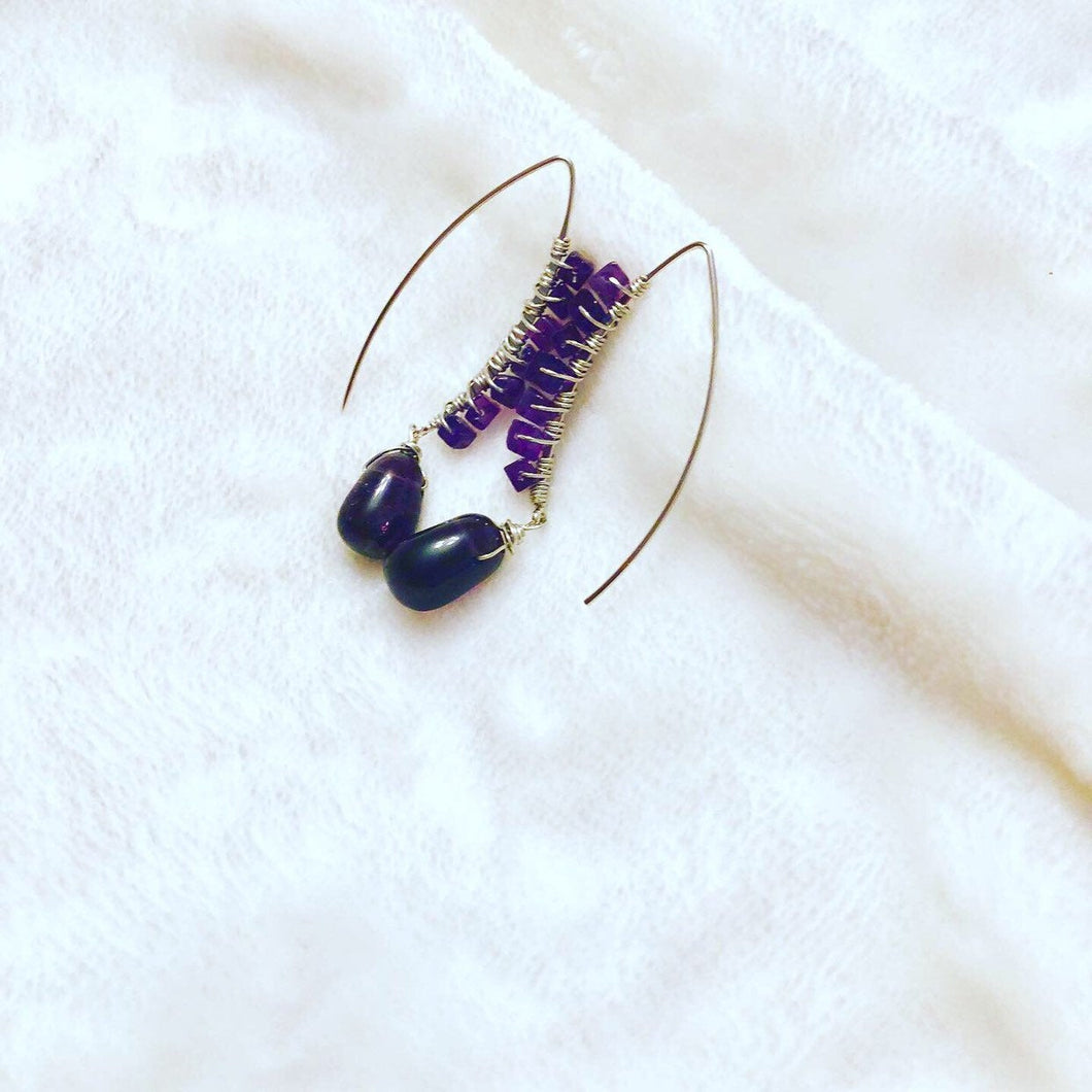 Plum Agate & Amethyst Hook Earrings