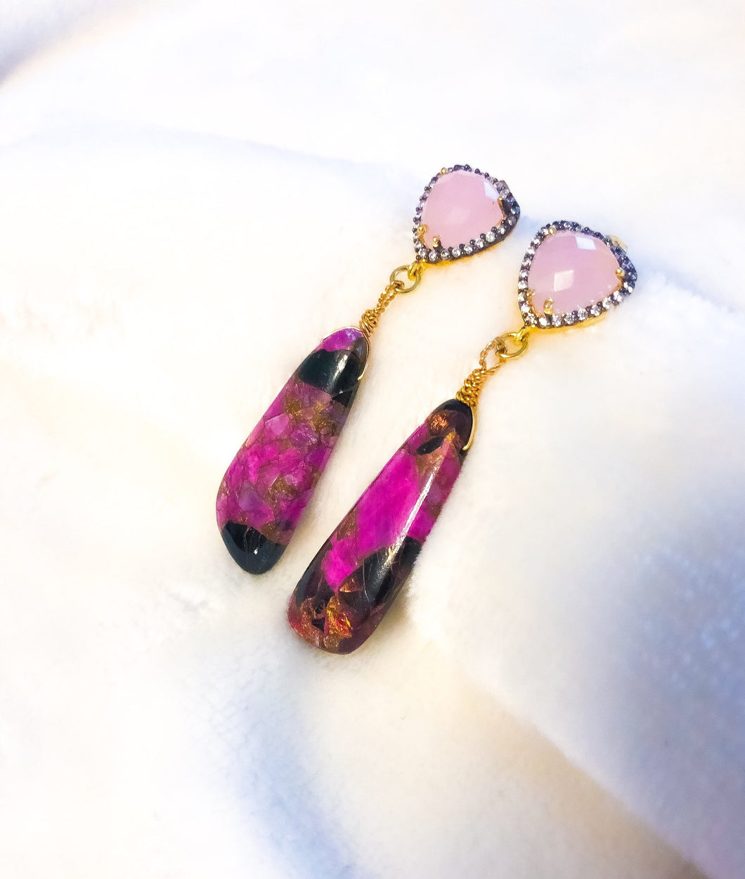 Pink Chalcedony & Obsidian Drop Earrings