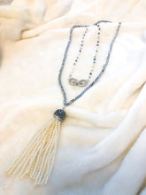 Load image into Gallery viewer, Hematite &amp; Mother of Pearl Tassel Necklace
