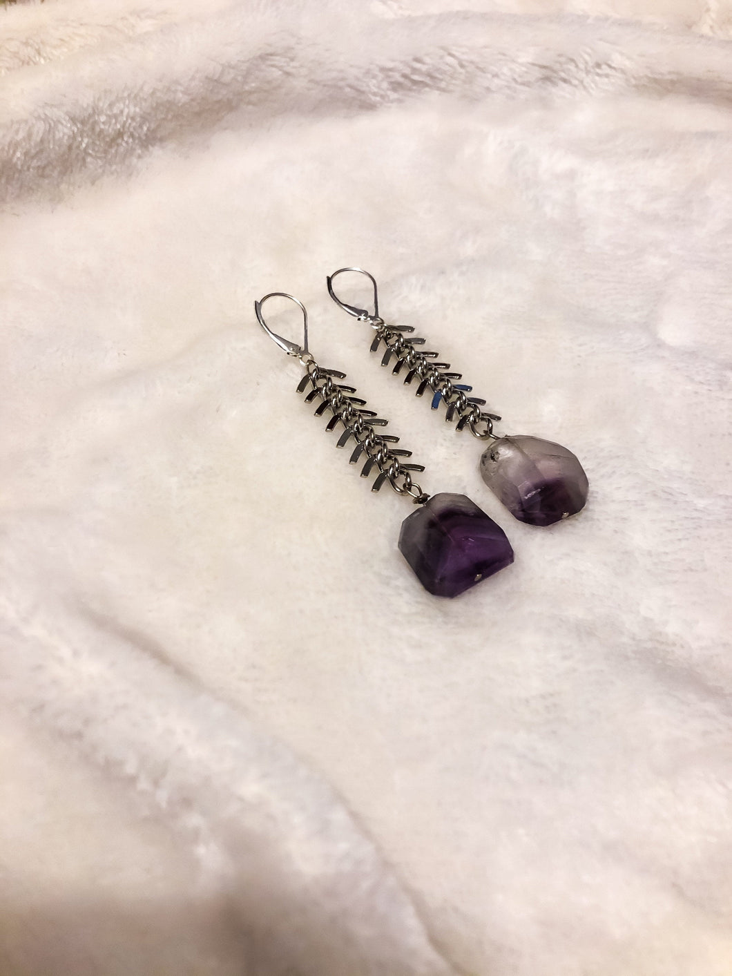 Amethyst & Fishbone Drop Earrings