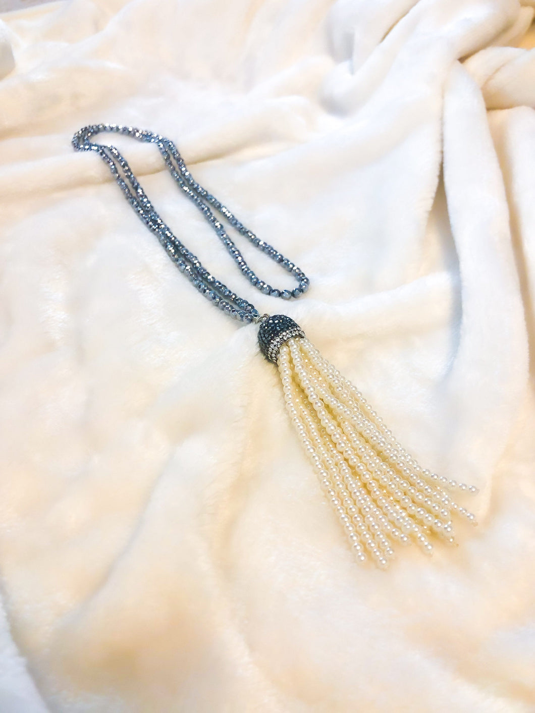 Hematite & Mother of Pearl Tassel Necklace